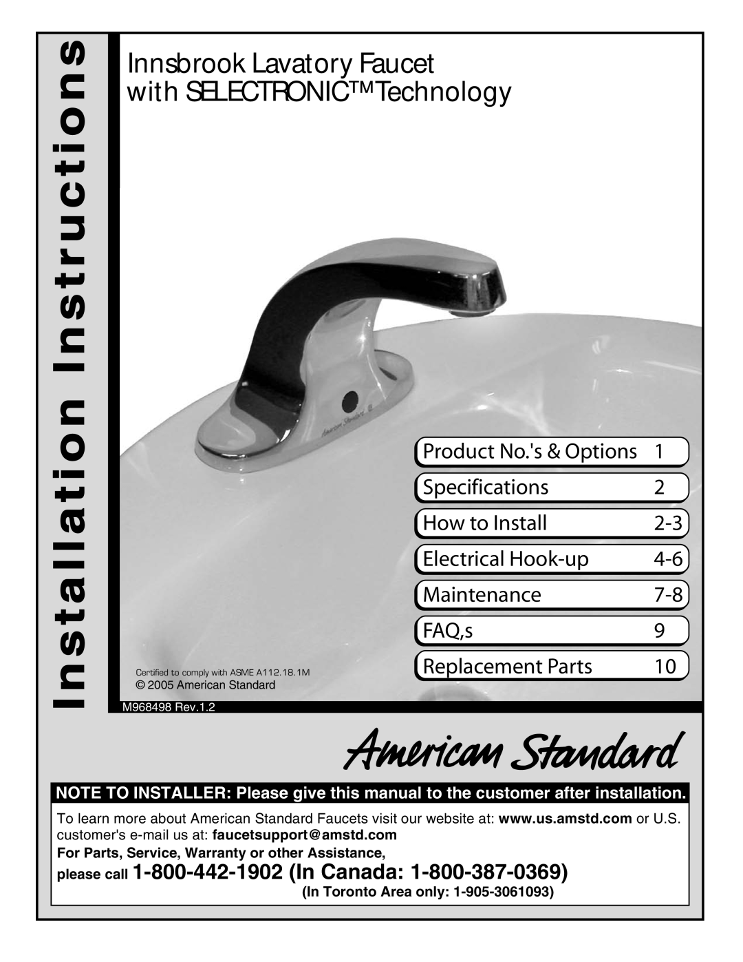 American Standard M968498 warranty Innsbrook Lavatory Faucet, with SELECTRONIC Technology, Specifications, How to Install 
