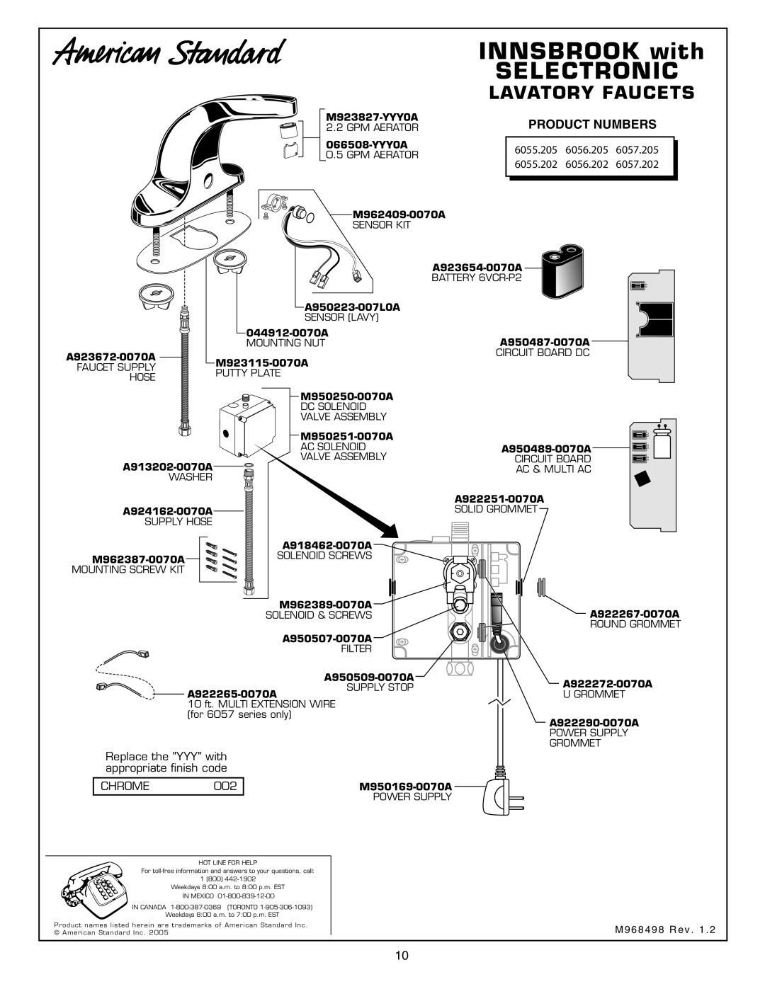 American Standard M968498 warranty Lavatory Faucets, INNSBROOK with SELECTRONIC 