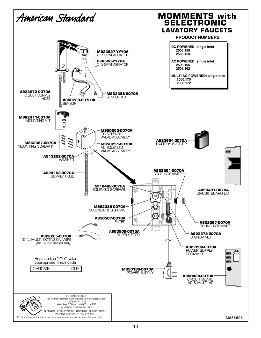 American Standard M962411-0070A, M968506 manual MOMMENTS with SELECTRONIC, Lavatory Faucets, Product Numbers, Chrome 
