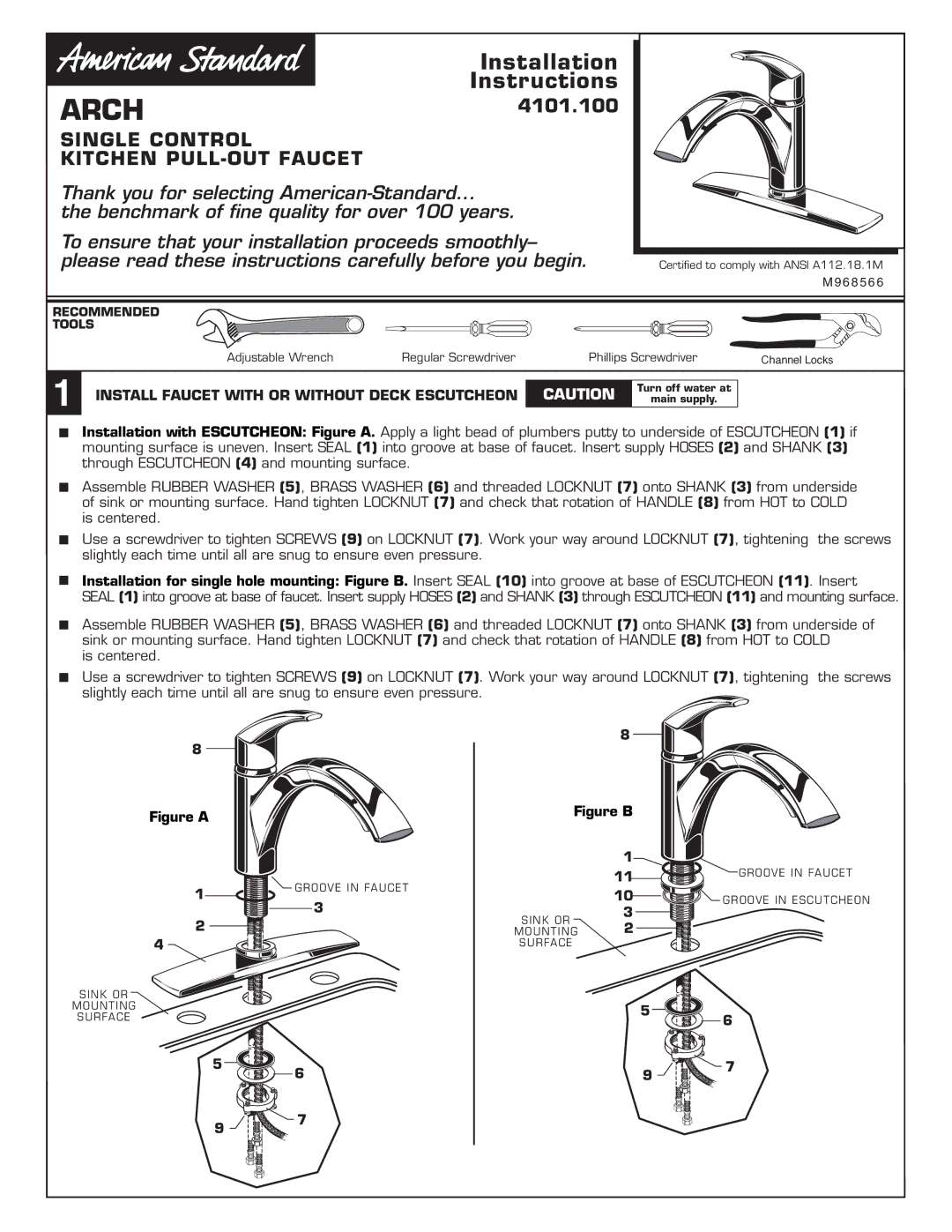 American Standard 4101.100, M968566 installation instructions Arch, Install Faucet with or Without Deck Escutcheon 