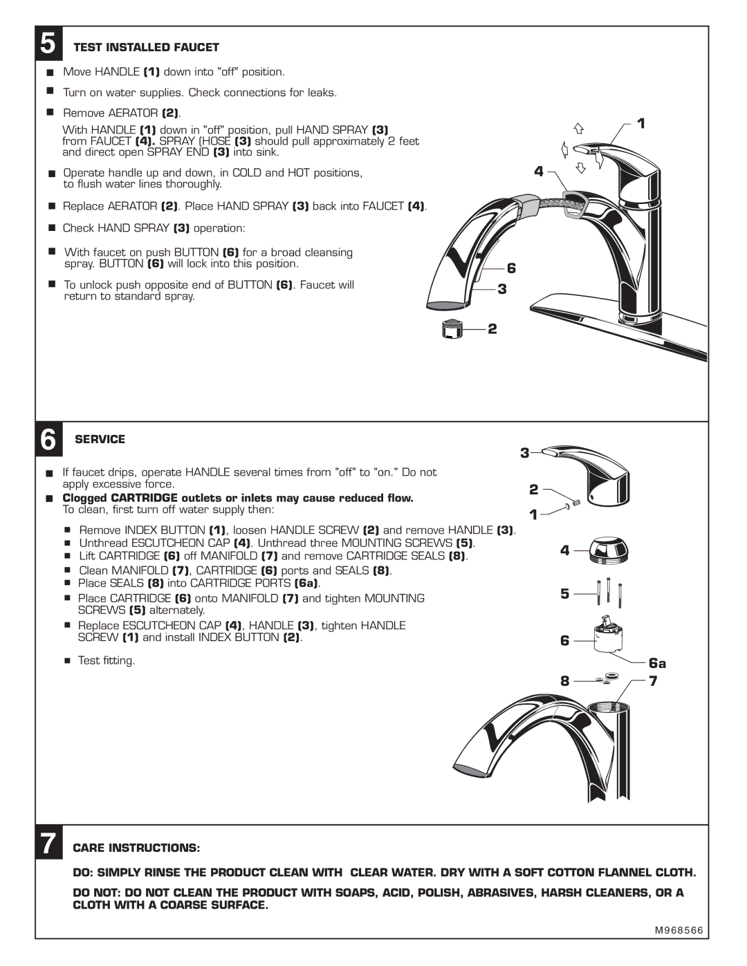 American Standard 4101.100, M968566 installation instructions Test Installed Faucet, Service 