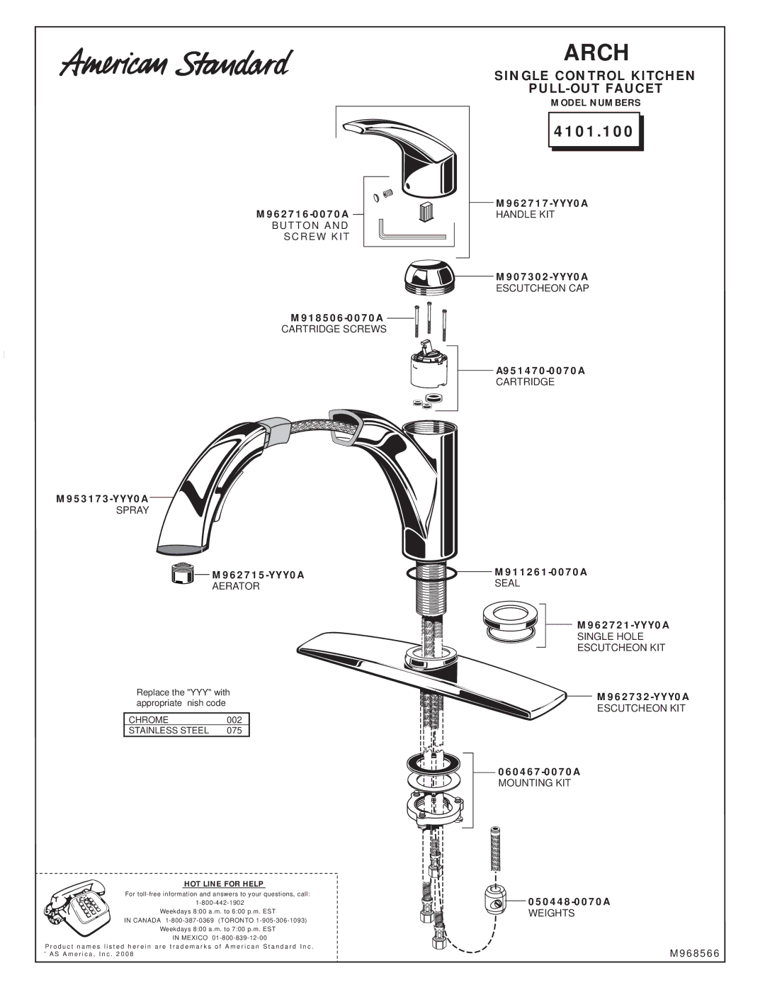 American Standard M968566, 4101.100 installation instructions Single Control Kitchen PULL-OUT Faucet 