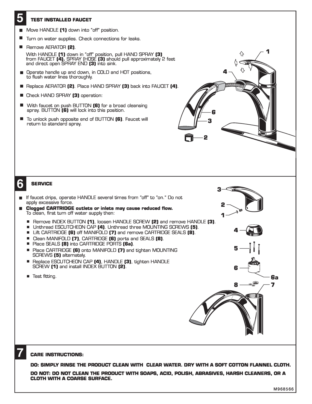 American Standard 4101.100, M968566 installation instructions Test Installed Faucet, Service, Care Instructions, 4 5 6 6a 