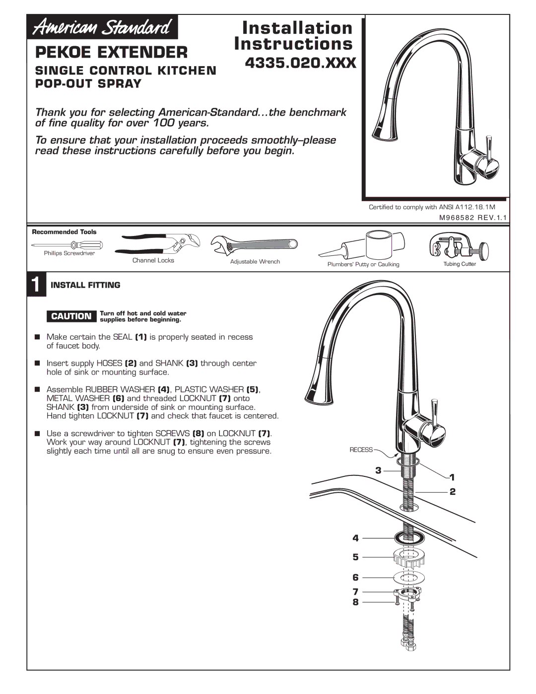 American Standard M968582 installation instructions Installation, Instructions, 4335.020.XXX, Single Control Kitchen 