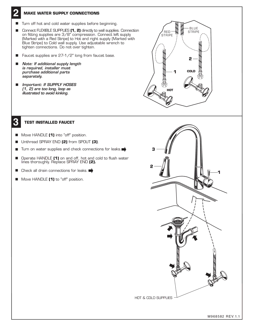 American Standard M968582 installation instructions Make Water Supply Connections, Test Installed Faucet 