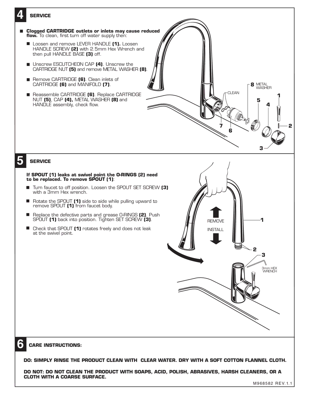 American Standard M968582 installation instructions Service 