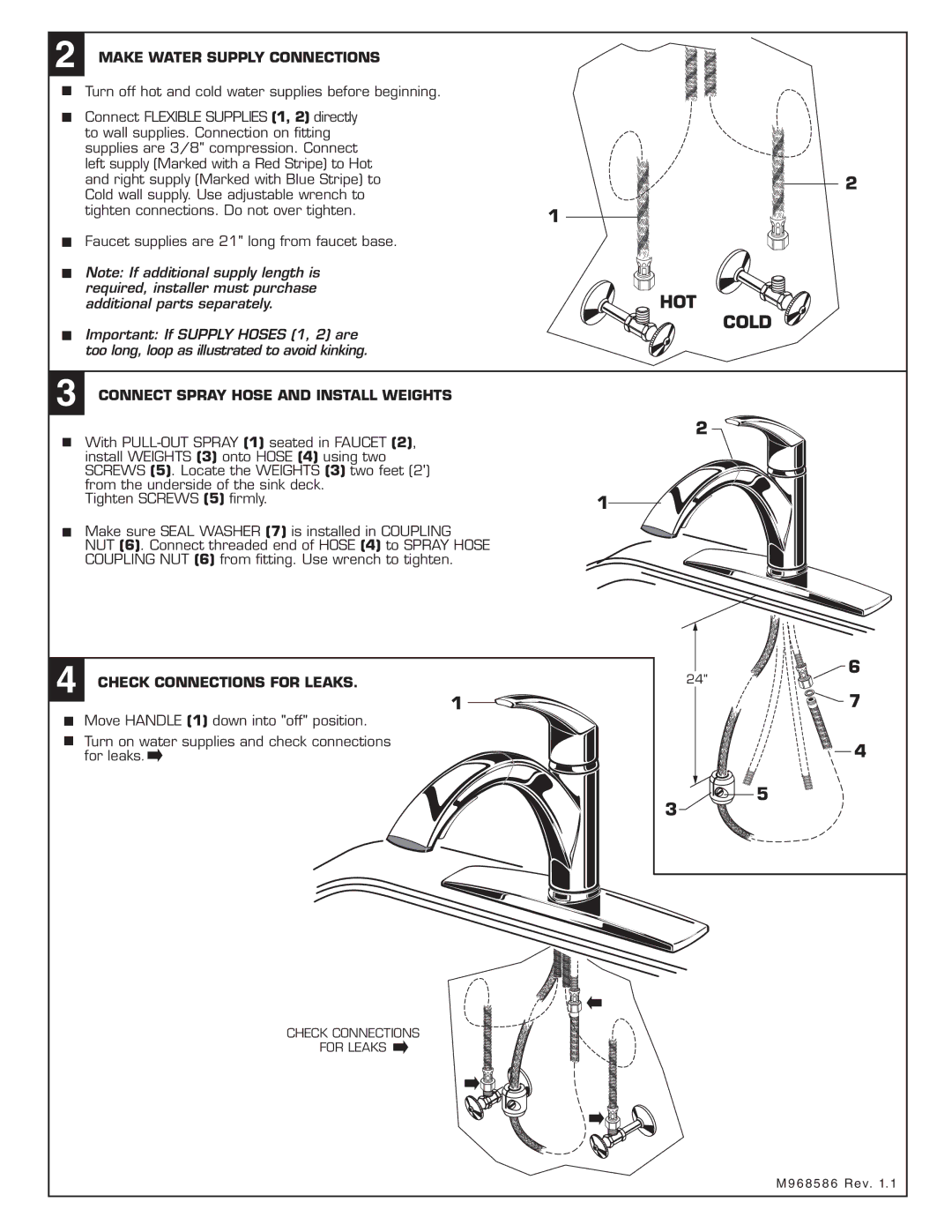 American Standard M968586 installation instructions Make Water Supply Connections, Connect Spray Hose and Install Weights 