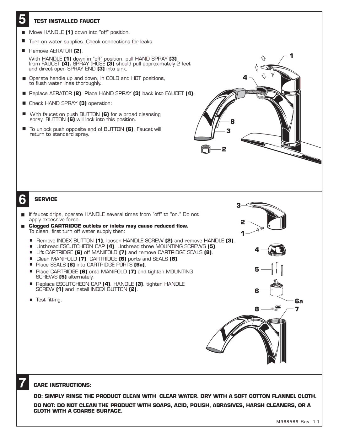 American Standard M968586 installation instructions Test Installed Faucet, Service 