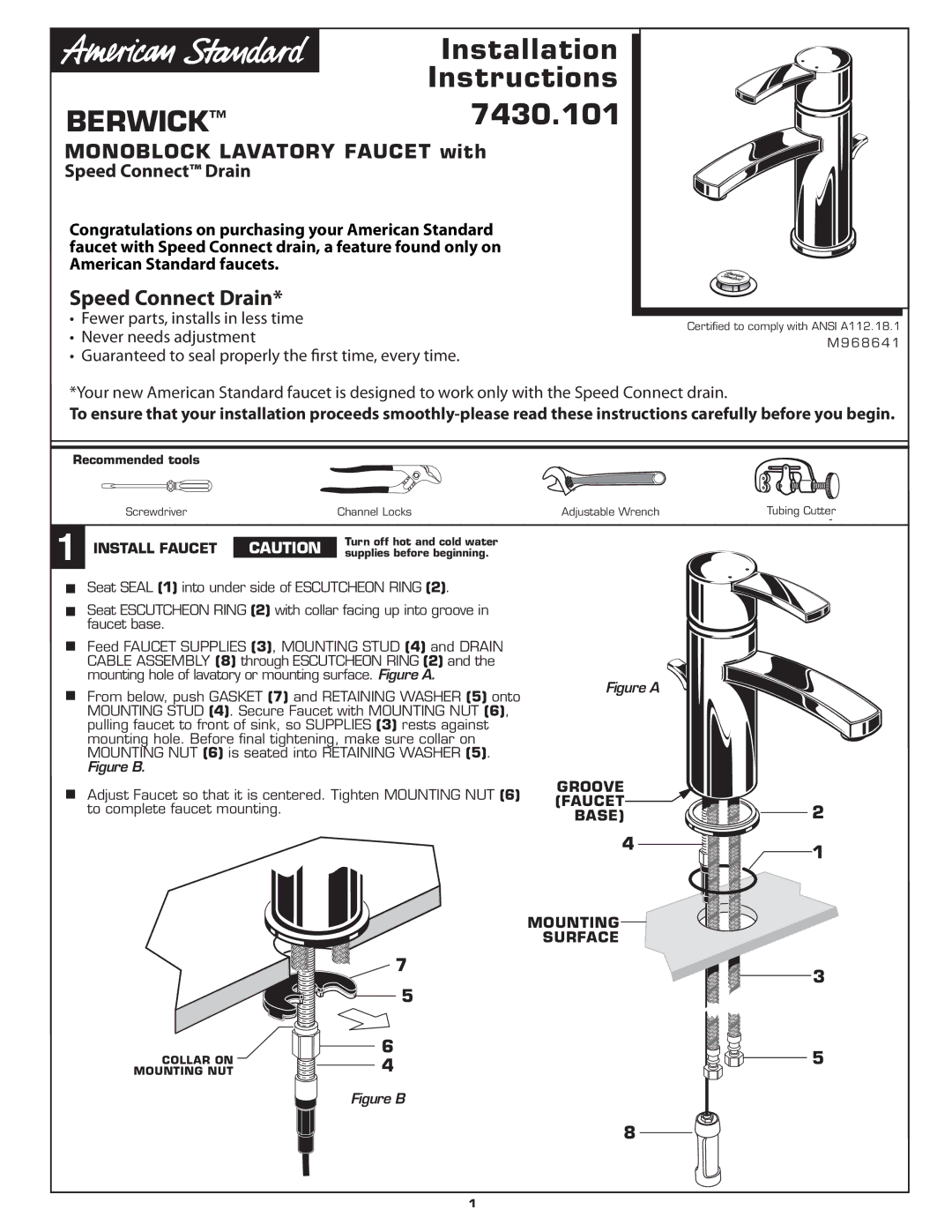 American Standard M968641 installation instructions Monoblock Lavatory Faucet with Speed Connect Drain, Install Faucet 