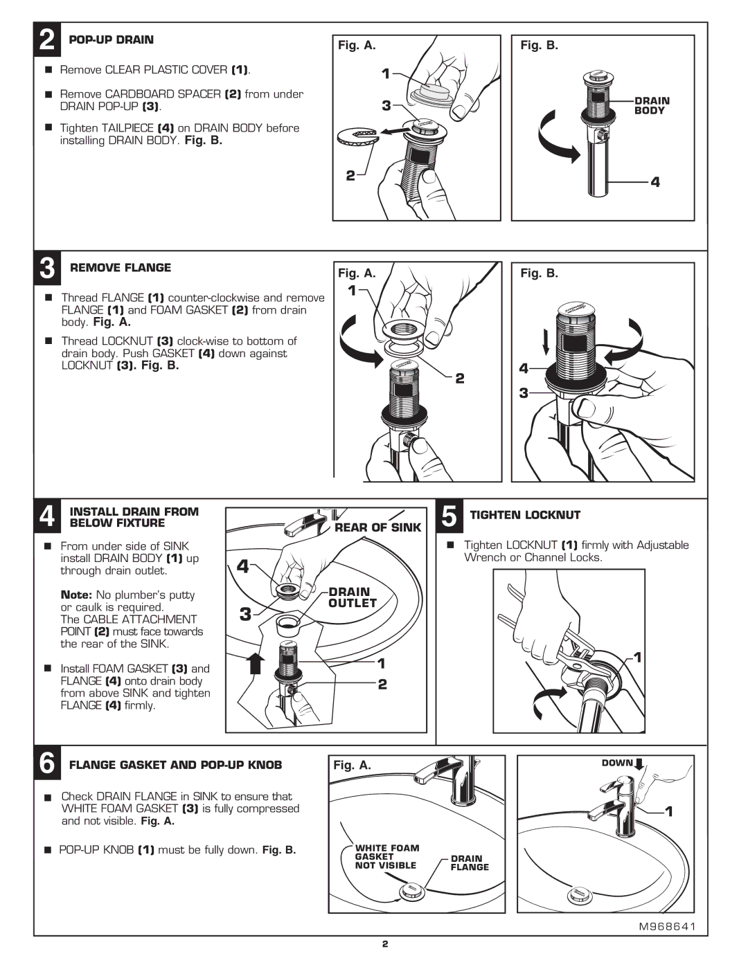 American Standard M968641 installation instructions POP-UP Drain, Remove Flange, Outlet, Flange Gasket and POP-UP Knob 