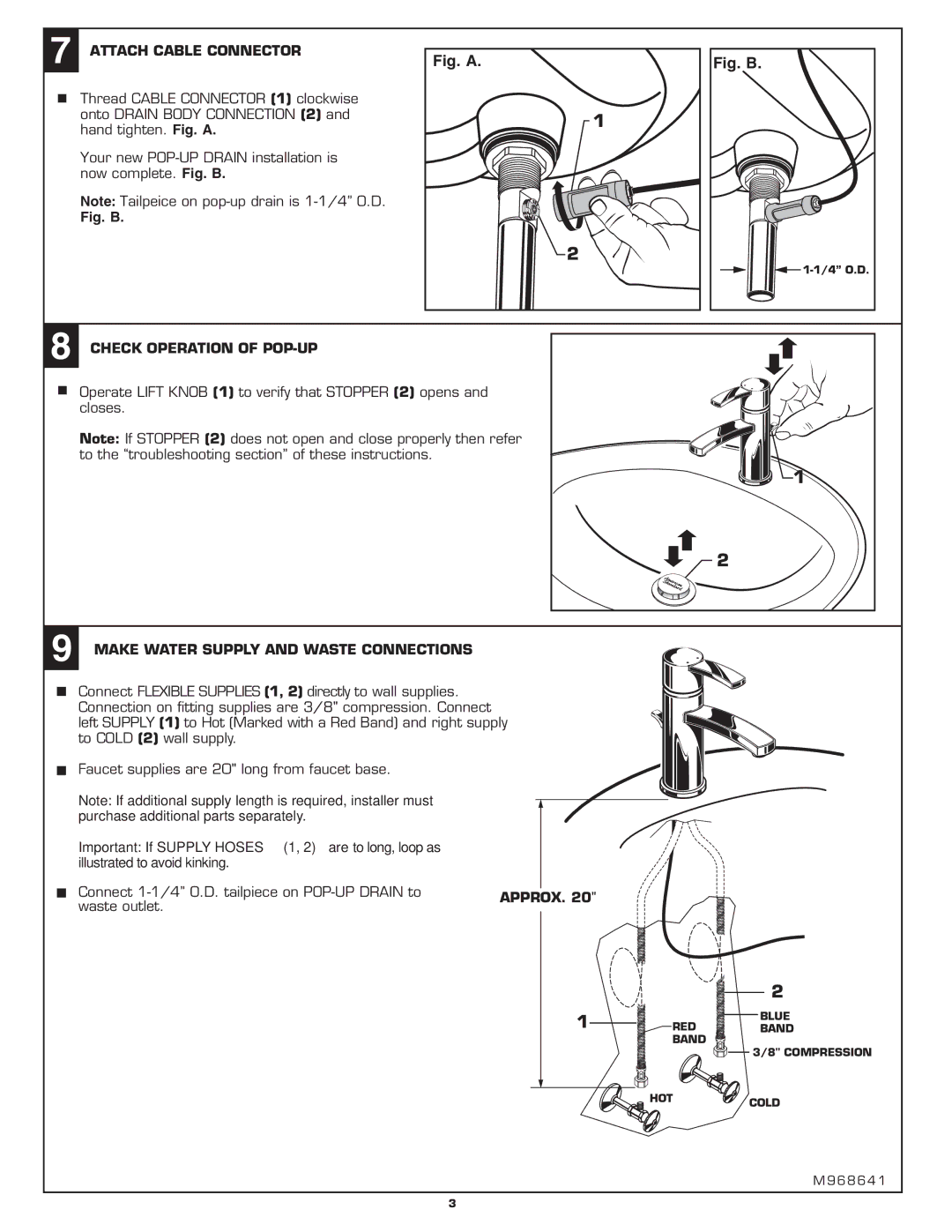 American Standard M968641 Attach Cable Connector, Check Operation of POP-UP, Make Water Supply and Waste Connections 