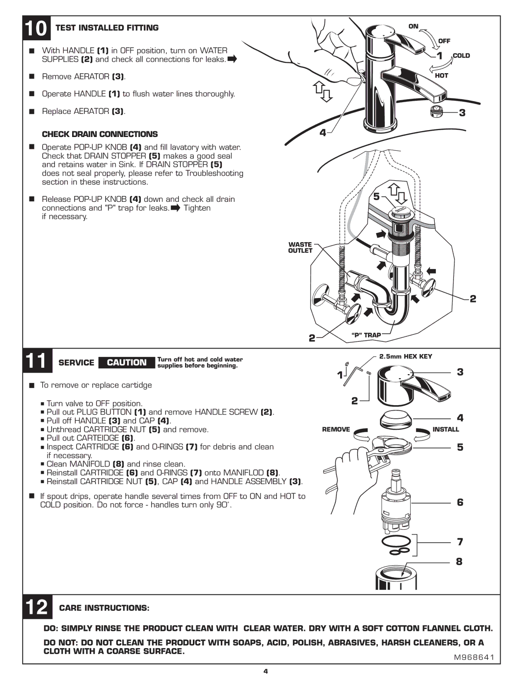 American Standard M968641 installation instructions Test Installed Fitting, Check Drain Connections, Service 