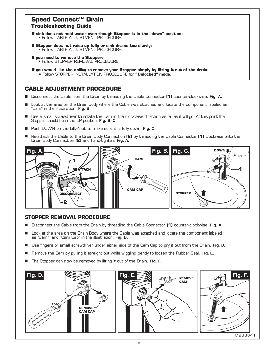 American Standard M968641 installation instructions Troubleshooting Guide, Cable Adjustment Procedure 