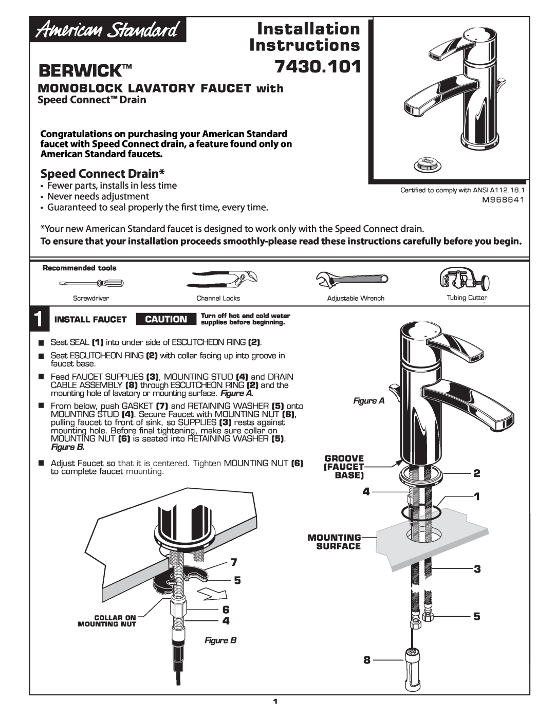 American Standard M968641 installation instructions Speed Connect Drain, Install Faucet, Figure A, Groove Faucet Base 