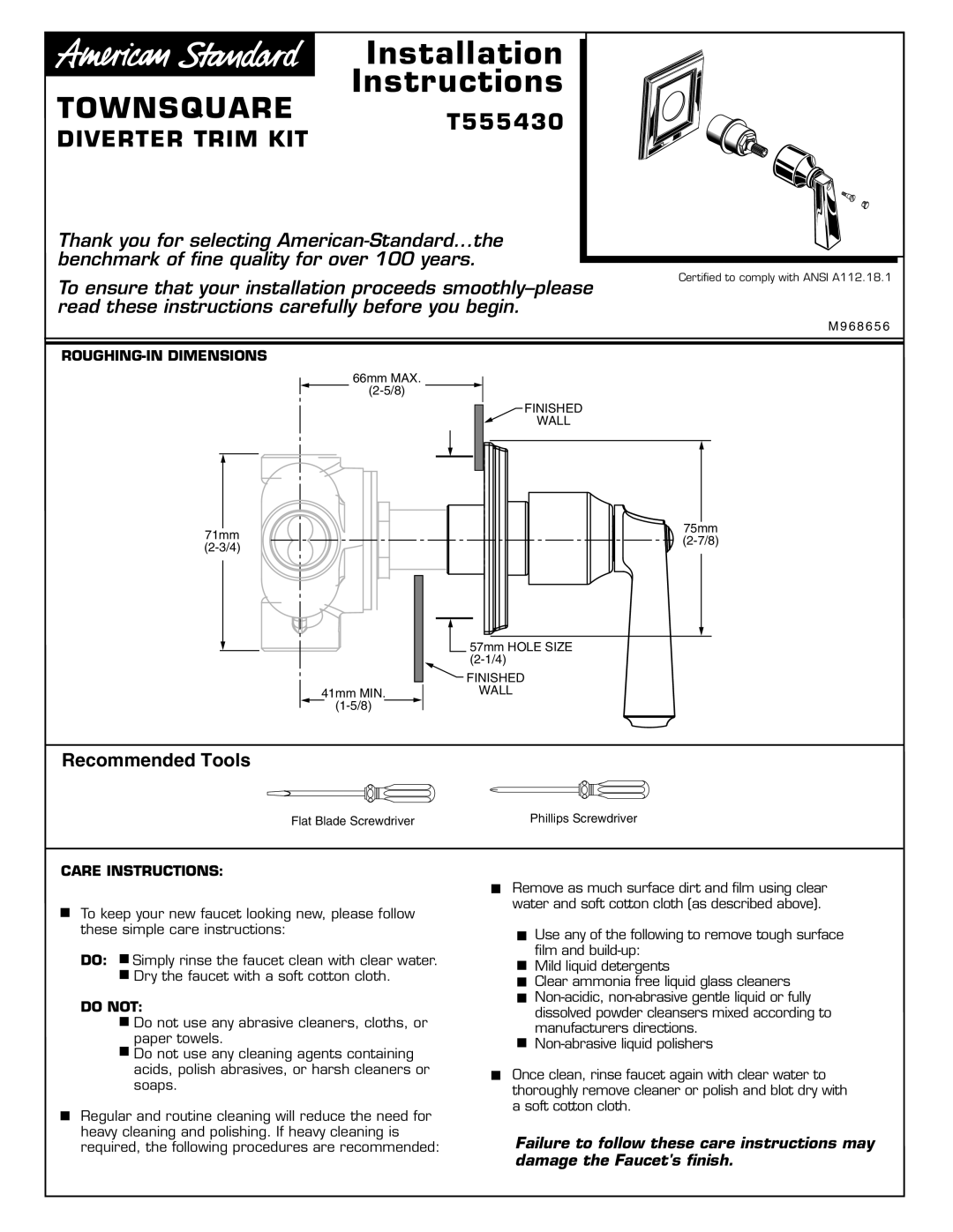 American Standard M968656 installation instructions Townsquare T555430, ROUGHING-IN Dimensions, Care Instructions, Do not 