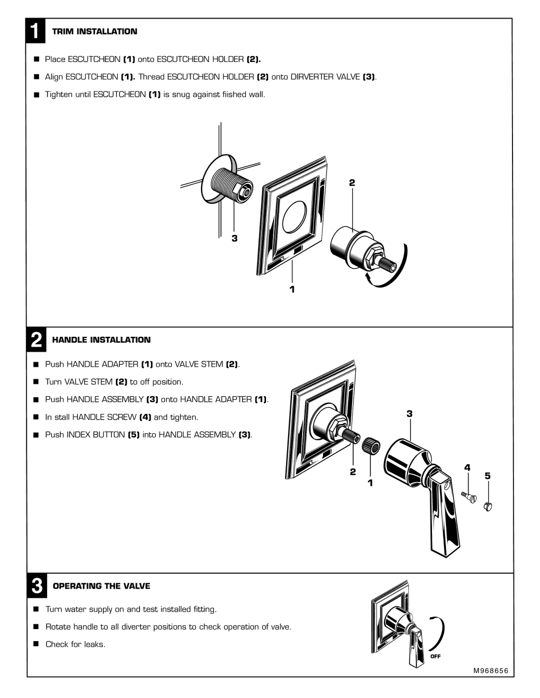 American Standard M968656 installation instructions Trim Installation, Handle Installation, Operating the Valve 