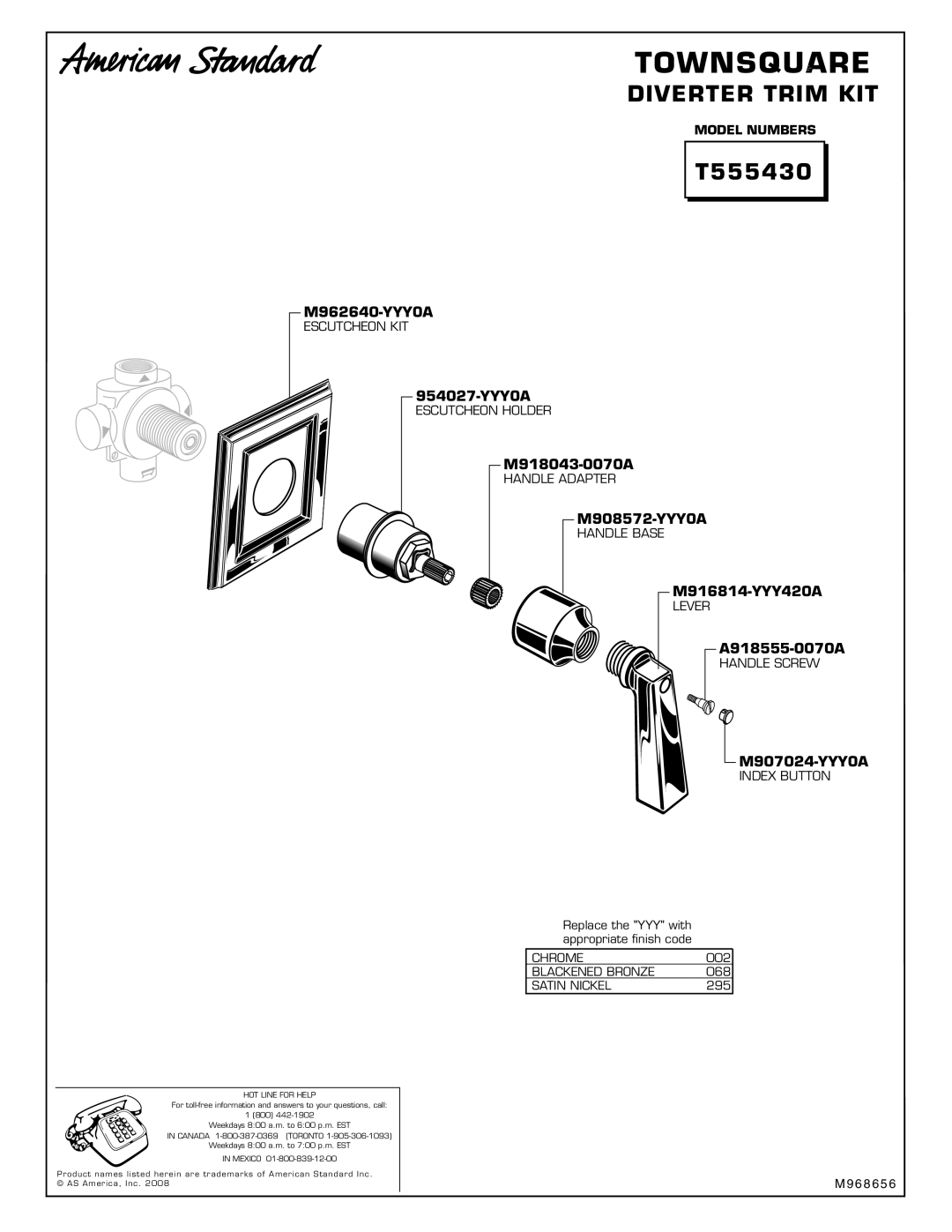 American Standard M968656 installation instructions Townsquare, T555430 