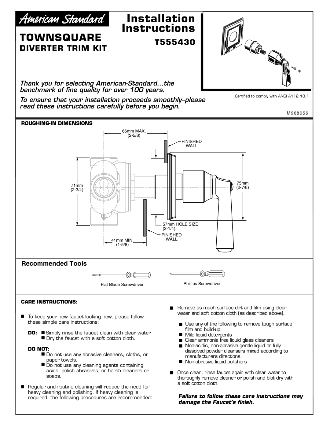 American Standard M968656 installation instructions TOWNSQUARE T555430, Diverter Trim Kit, Installation Instructions 