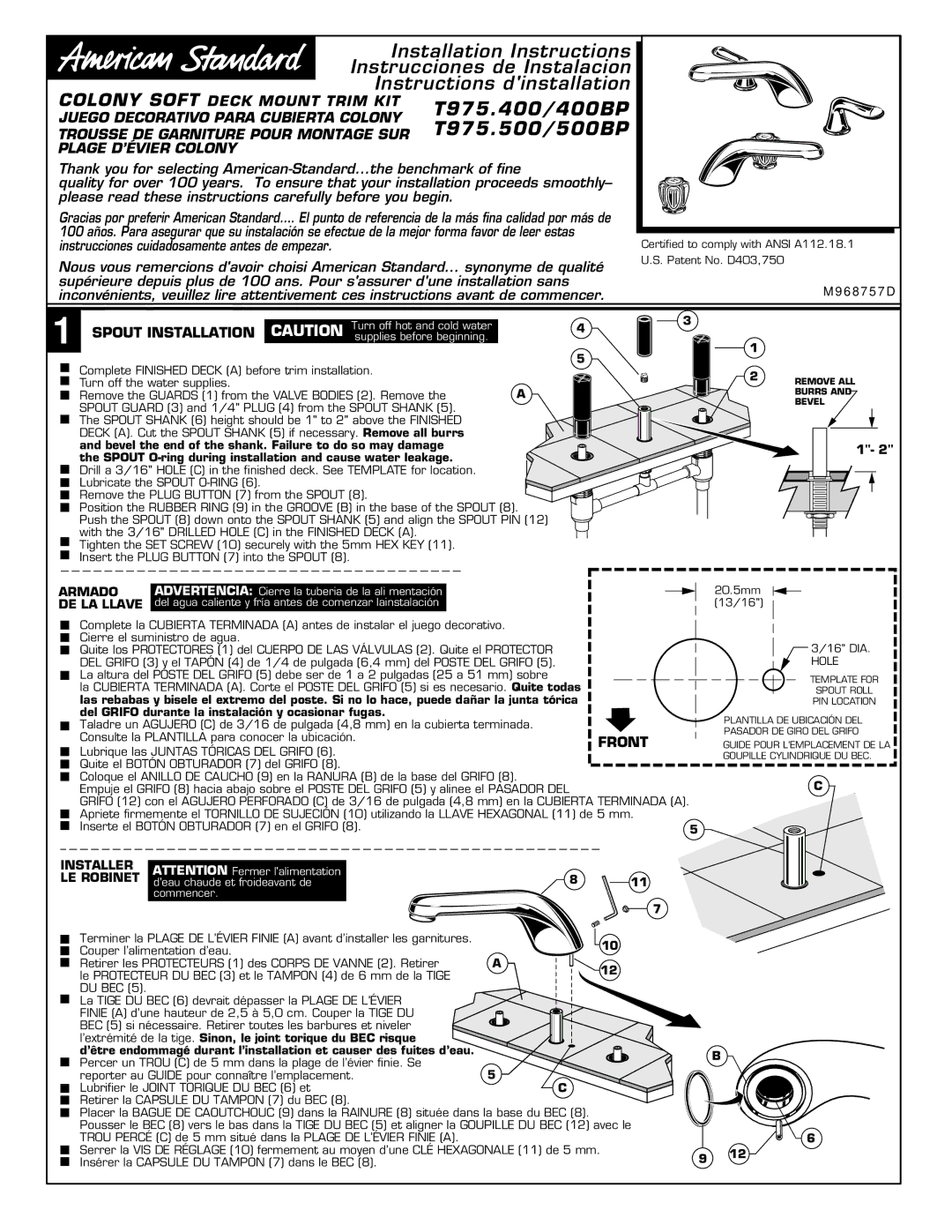 American Standard M968757D installation instructions Colony Soft Deck Mount Trim KIT, Plage D’ÉVIER Colony 