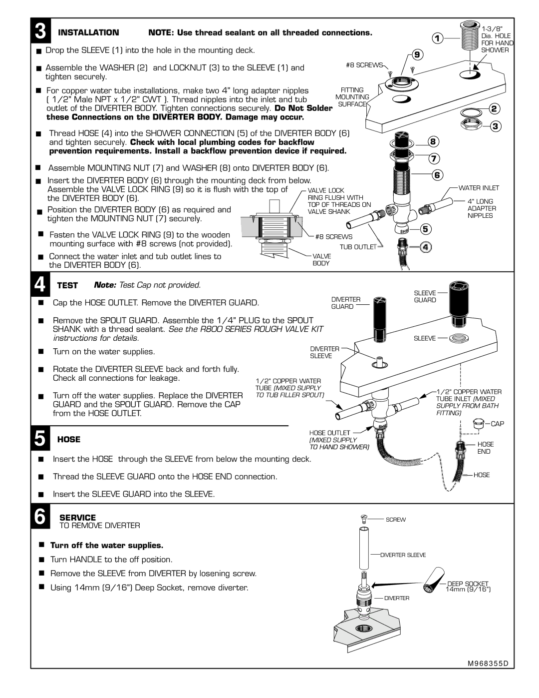 American Standard M968757D Installation, These Connections on the Diverter BODY. Damage may occur, Test, Hose 