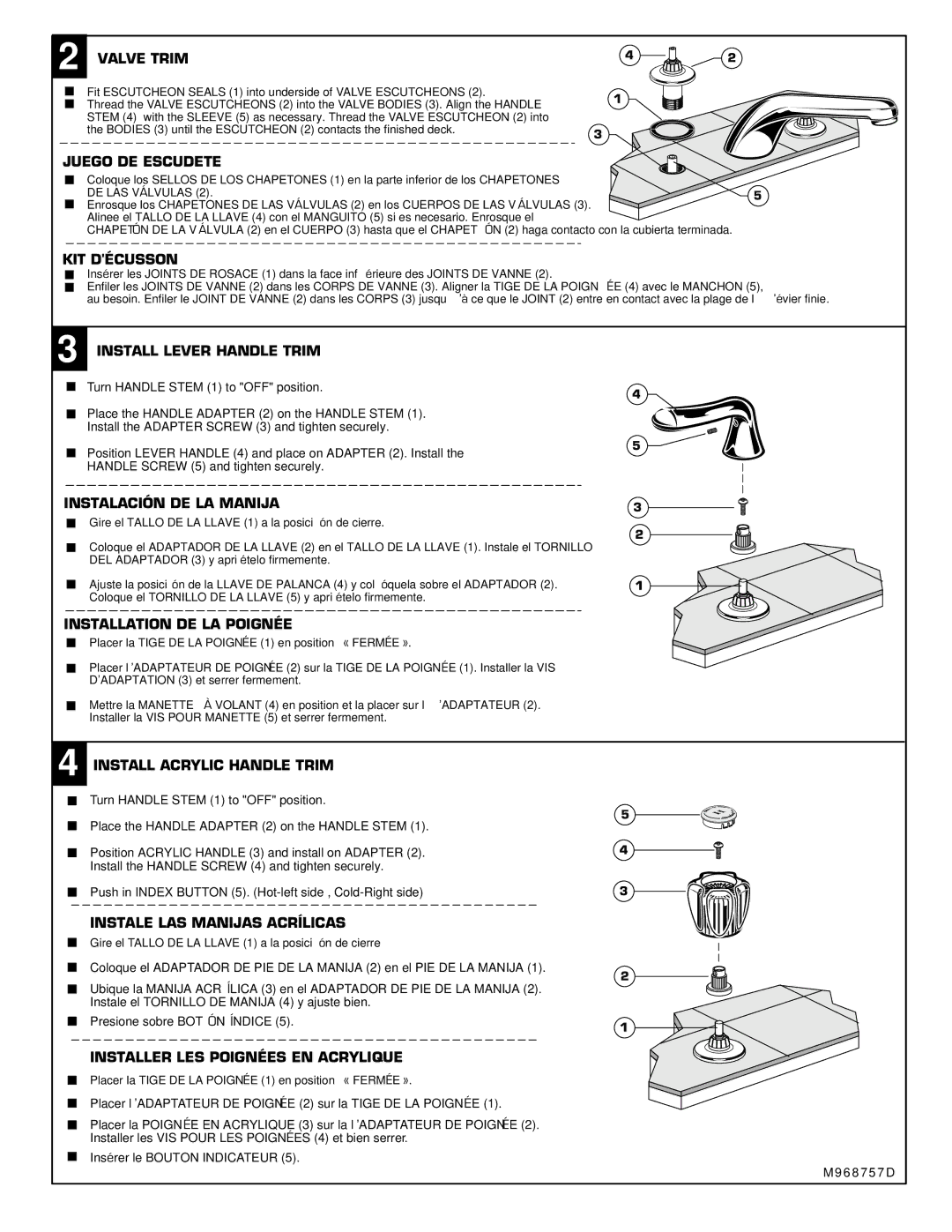 American Standard M968757D installation instructions Valve Trim, Juego DE Escudete, KIT Décusson, Install Lever Handle Trim 