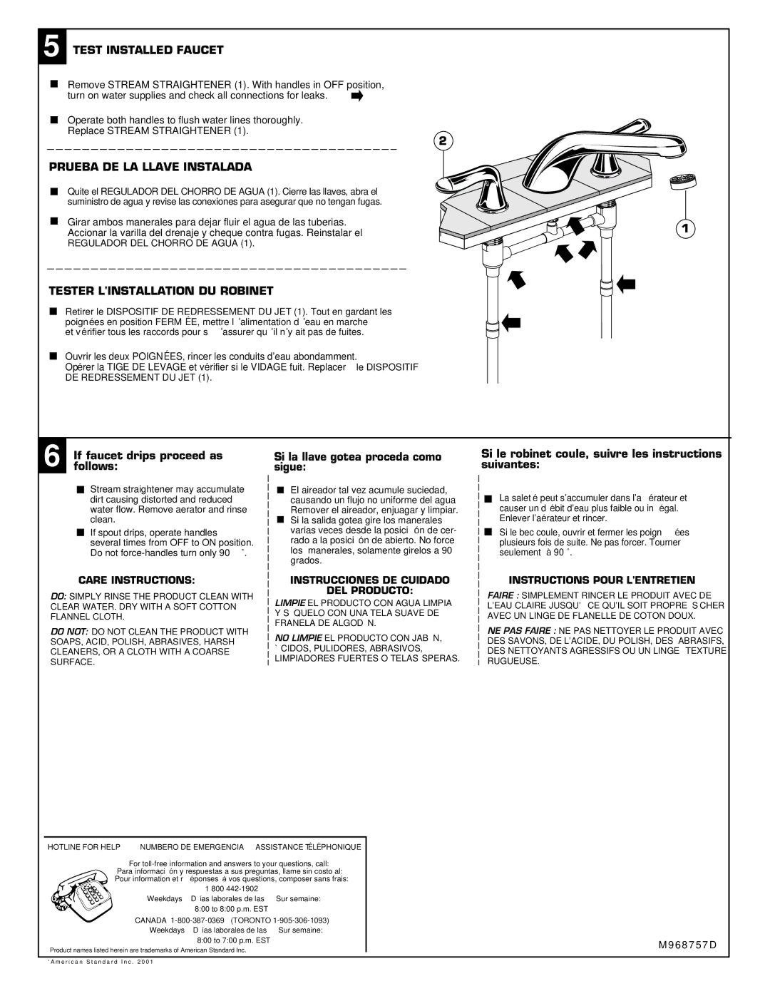 American Standard M968757D Test Installed Faucet, Prueba DE LA Llave Instalada, Tester Linstallation DU Robinet 