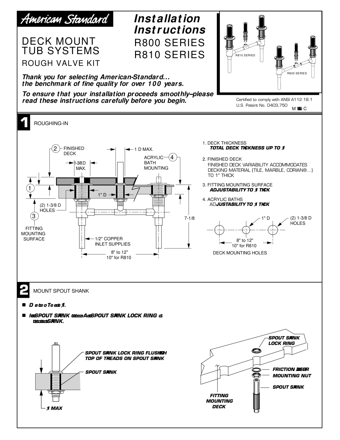 American Standard M968757D installation instructions Rough Valve KIT, Roughing-In, Mount Spout Shank 