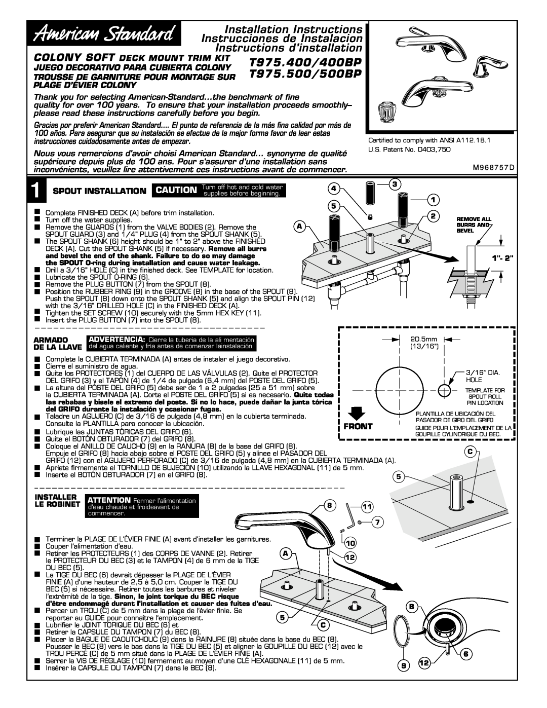 American Standard M968757D installation instructions T975.400/400BP, T975.500/500BP, Colony Soft Deck Mount Trim Kit 