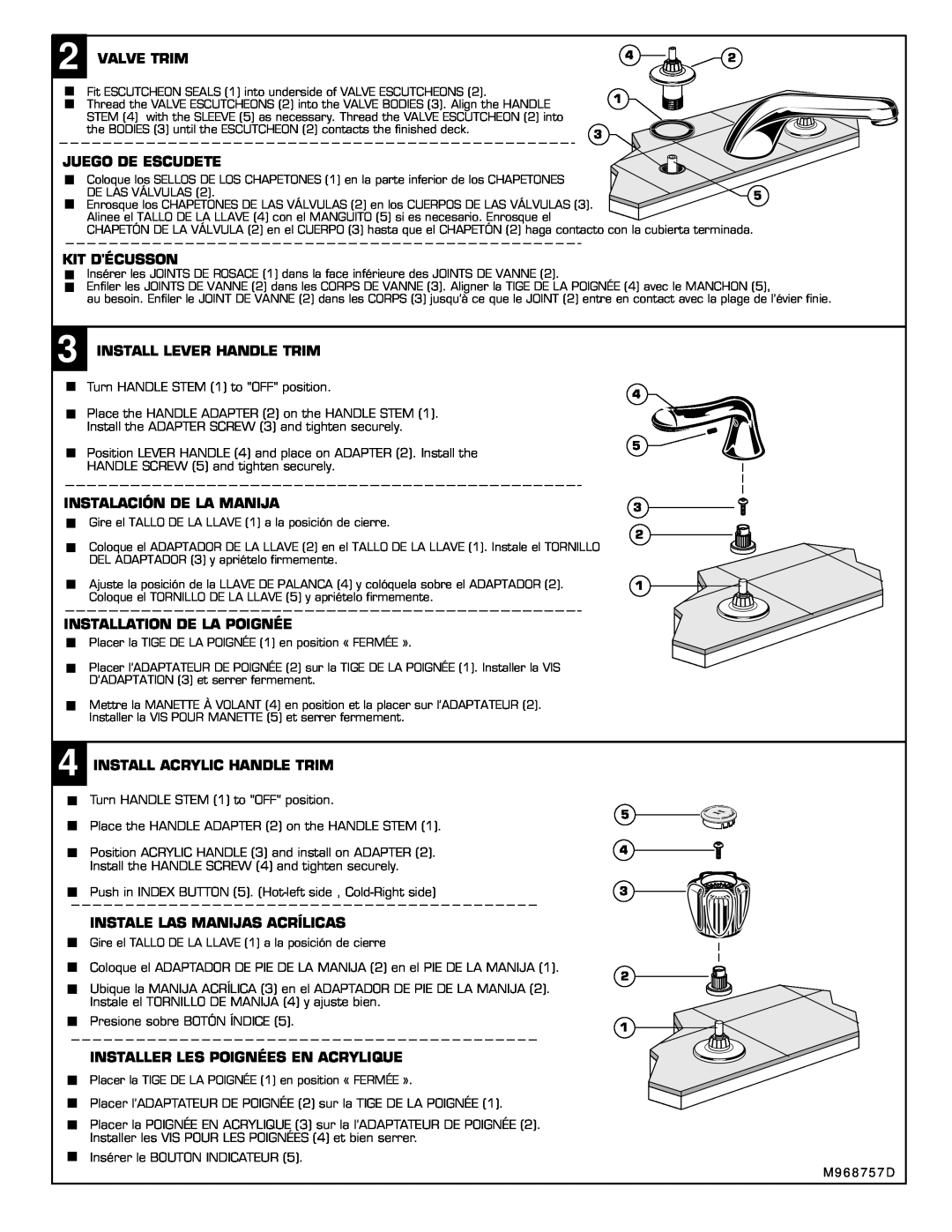 American Standard M968757D installation instructions Valve Trim, Juego De Escudete, Kit Décusson, Install Lever Handle Trim 