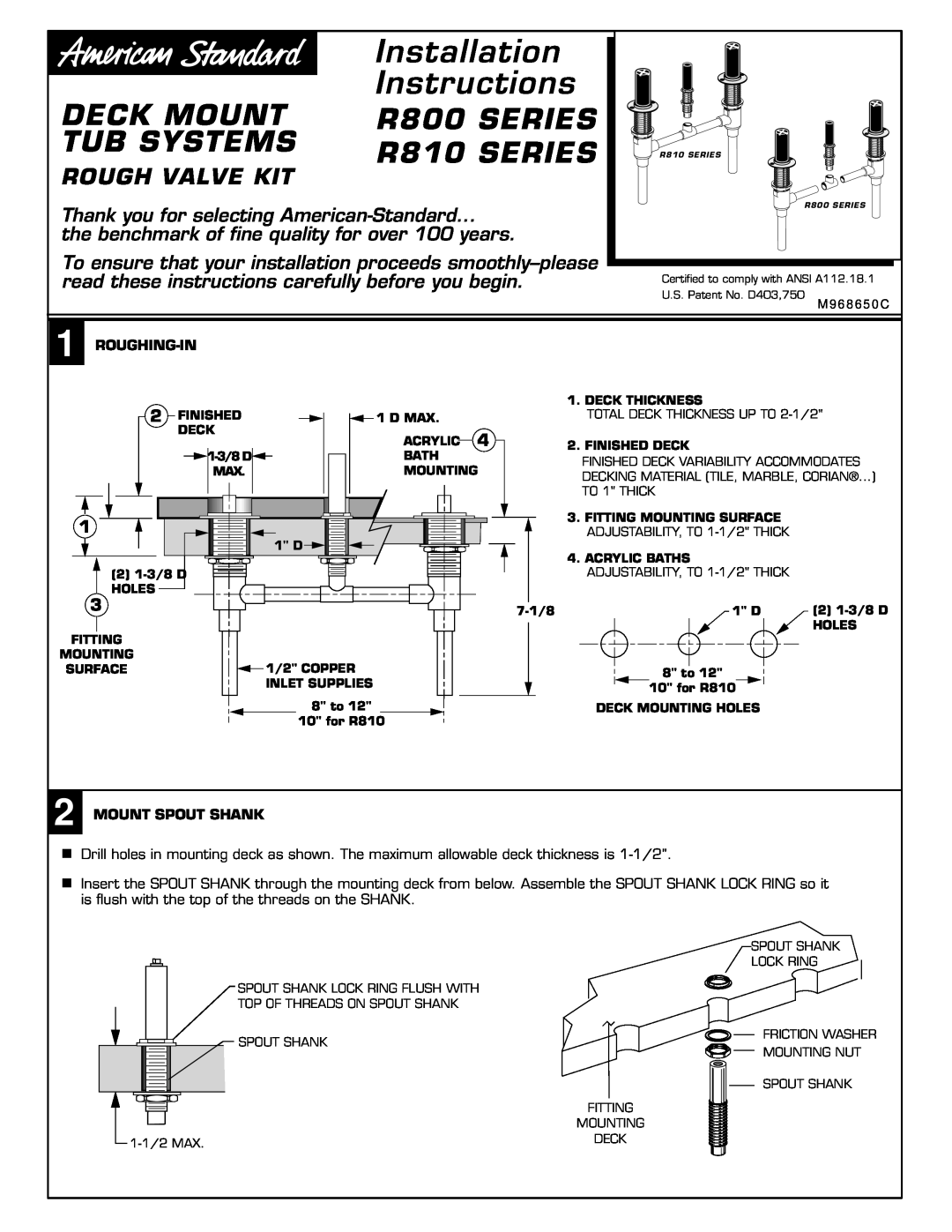 American Standard M968757D R800 SERIES, Tub Systems, R810 SERIES, Rough Valve Kit, Installation, Instructions, Deck Mount 