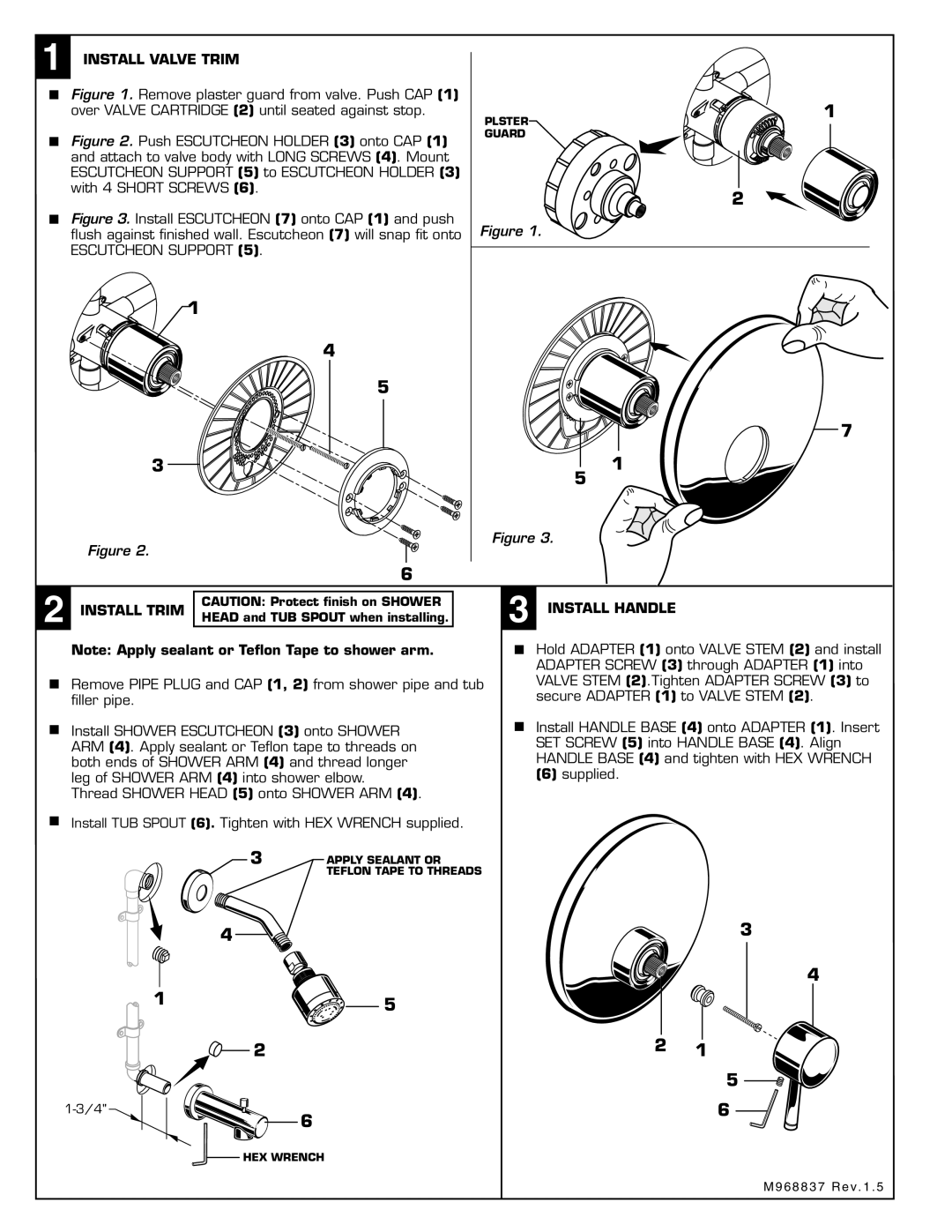 American Standard M968837, BATH AND SHOWER TRIM KIT Install Valve Trim, Install Trim Install Handle 