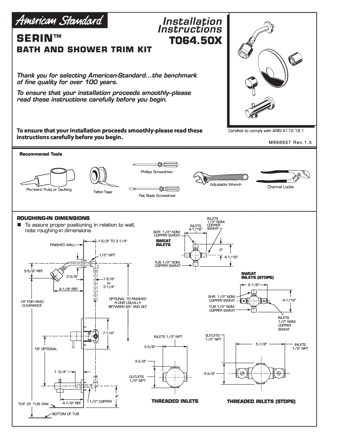 American Standard BATH AND SHOWER TRIM KIT, M968837 installation instructions Installation Instructions, SERINT064.50X 