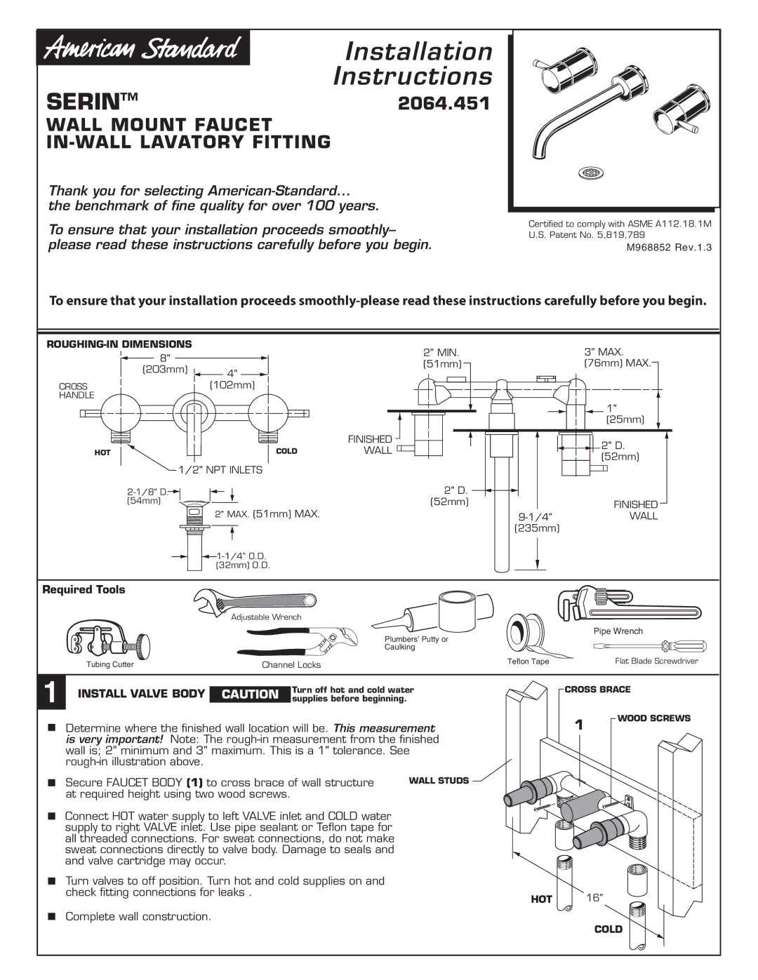 American Standard M968852 installation instructions Wall Mount Faucet IN-WALL Lavatory Fitting, Install Valve Body 