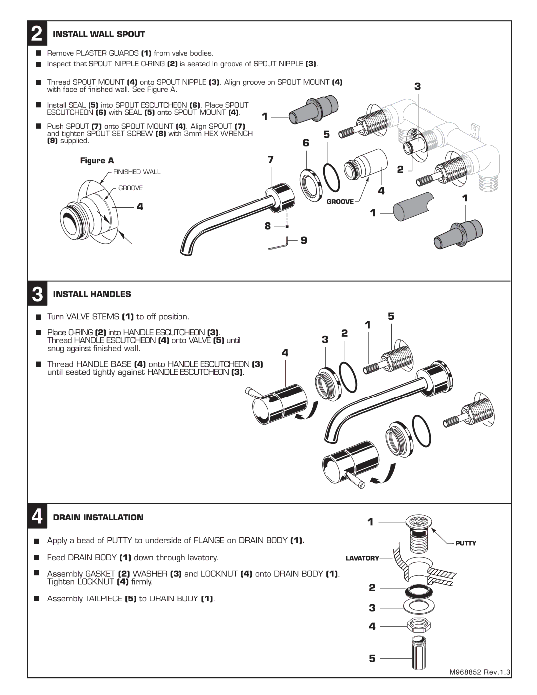 American Standard M968852 installation instructions Install Wall Spout, Install Handles, Drain Installation 