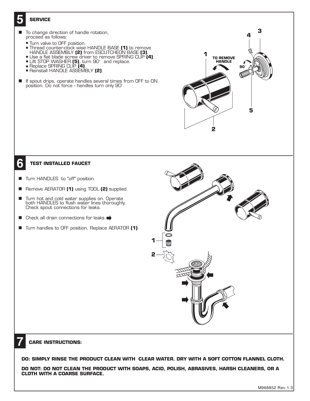 American Standard M968852 installation instructions Service, Test Installed Faucet 