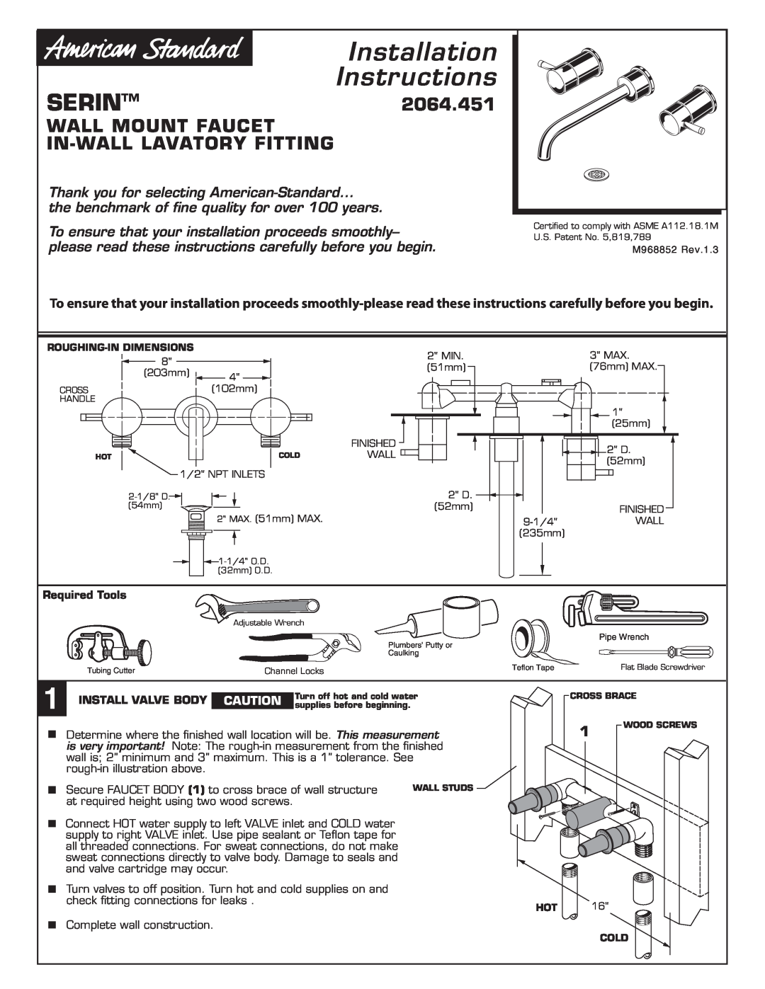 American Standard M968852 installation instructions Serin, 2064.451, Wall Mount Faucet In-Wall Lavatory Fitting 