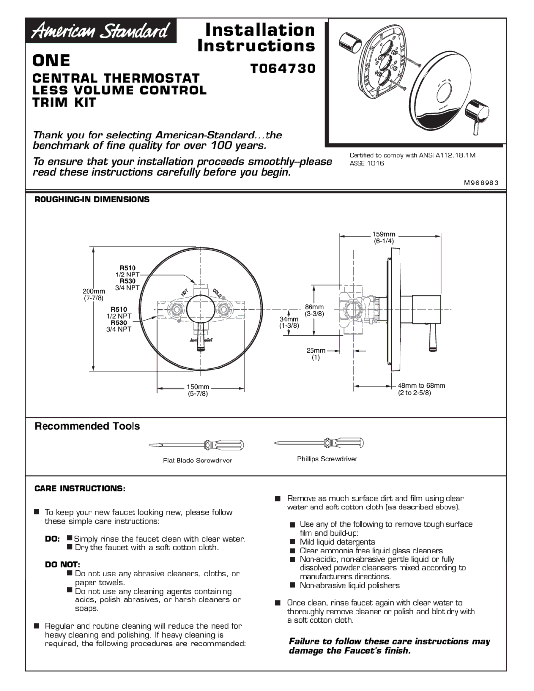 American Standard M968983 installation instructions ROUGHING-IN Dimensions, Care Instructions, Do not 