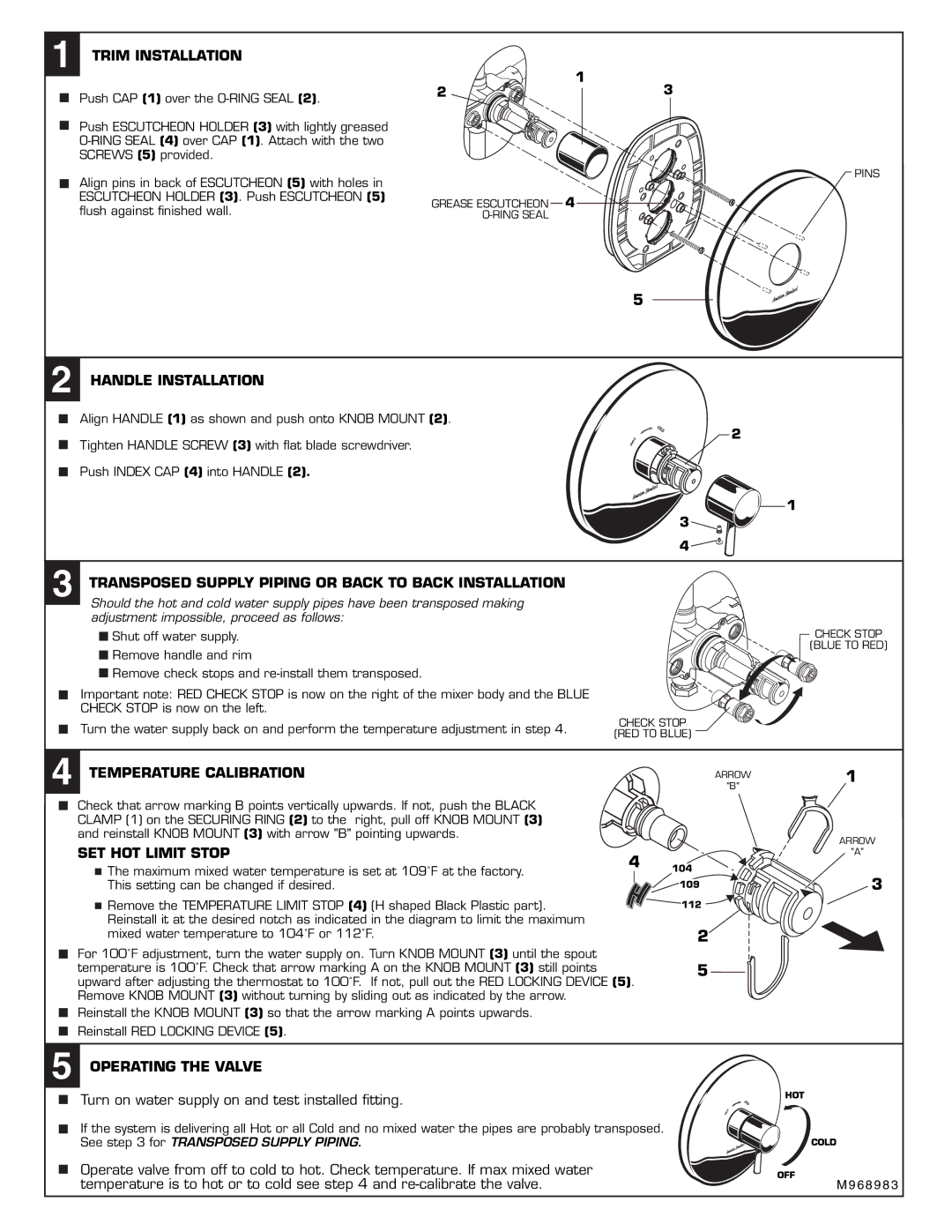 American Standard M968983 Trim Installation, Handle Installation, Transposed Supply Piping or Back to Back Installation 