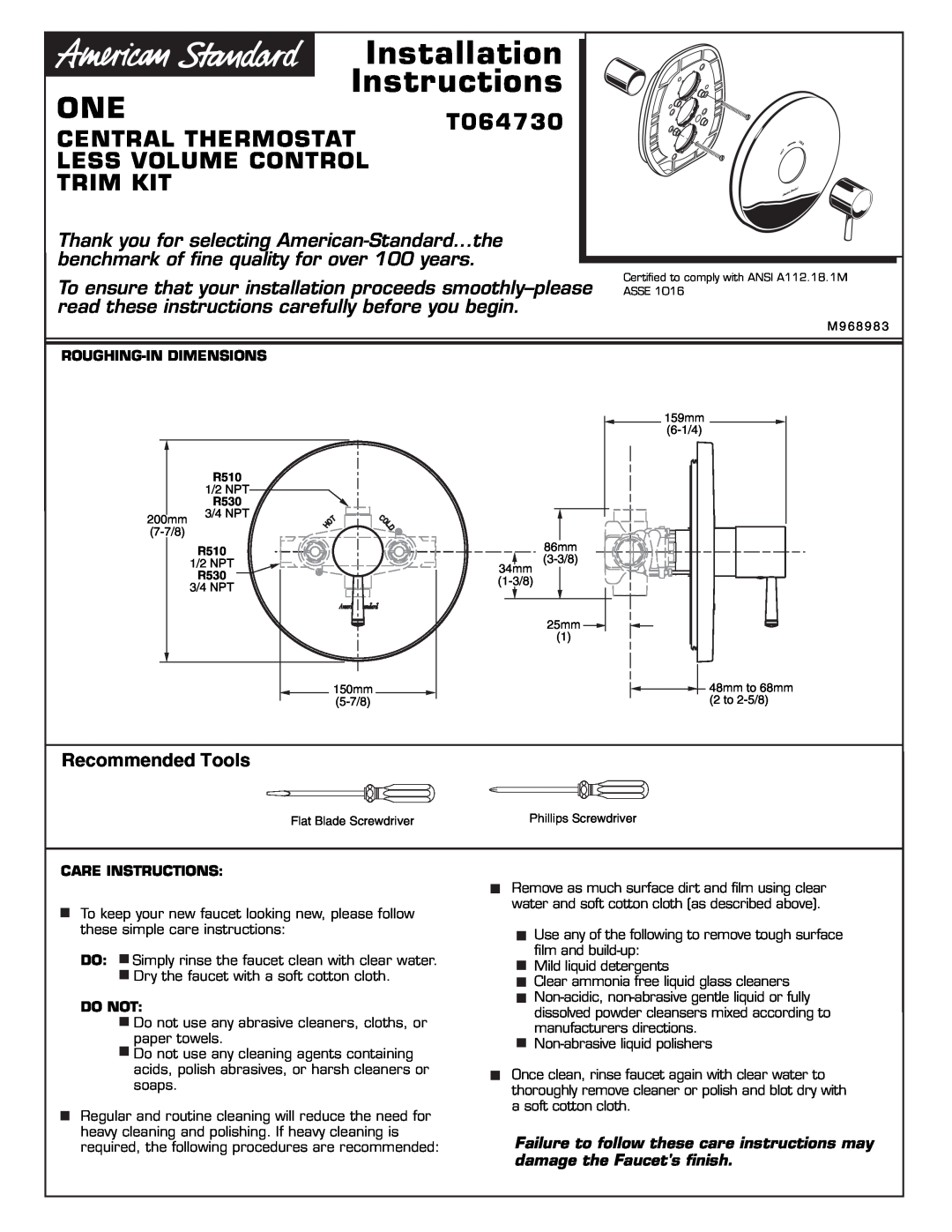 American Standard M968983 installation instructions T064730, Central Thermostat, Less Volume Control, Trim Kit 