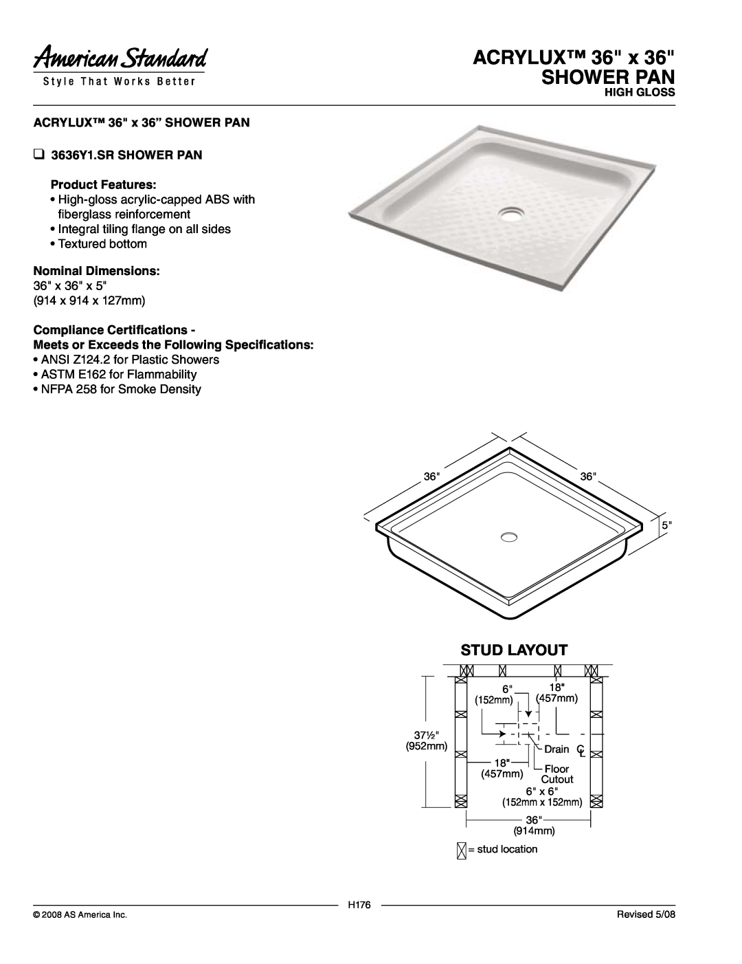 American Standard ANSI Z124.2 manual ACRYLUX 36 x SHOWER Pan, Stud Layout, ACRYLUX 36 x 36” SHOWER Pan, Nominal Dimensions 