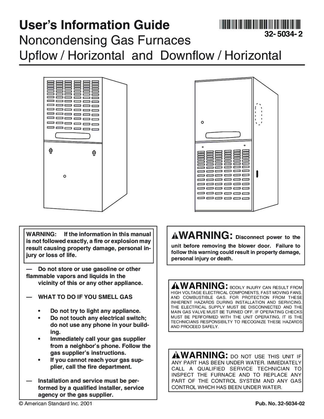 American Standard Noncondensing Gas Furnaces manual User’s Information Guide 