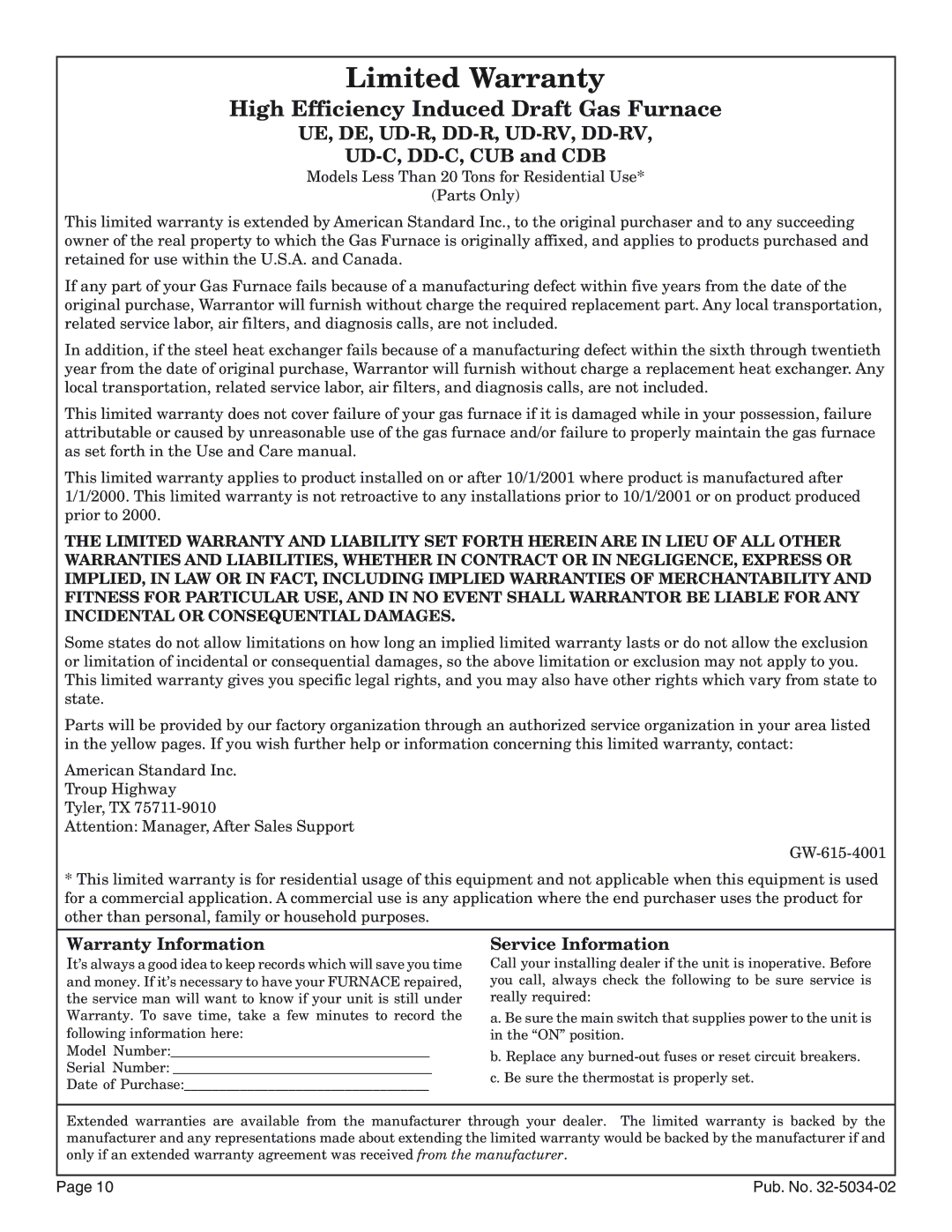 American Standard Noncondensing Gas Furnaces manual Limited Warranty, High Efficiency Induced Draft Gas Furnace 