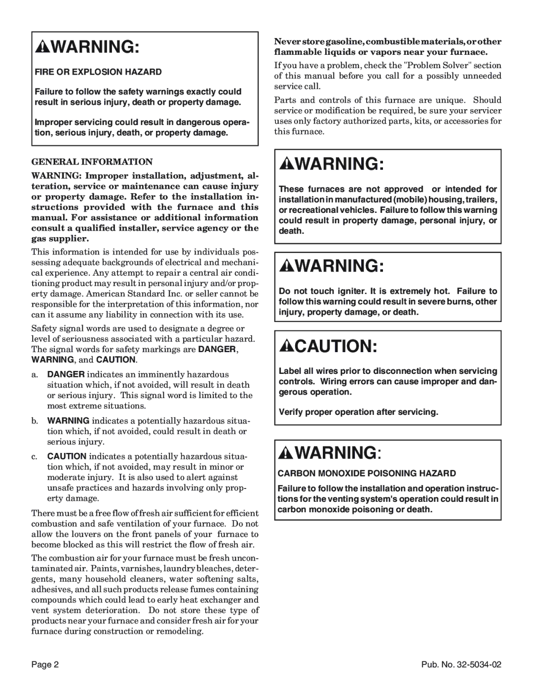 American Standard Noncondensing Gas Furnaces manual Fire or Explosion Hazard 