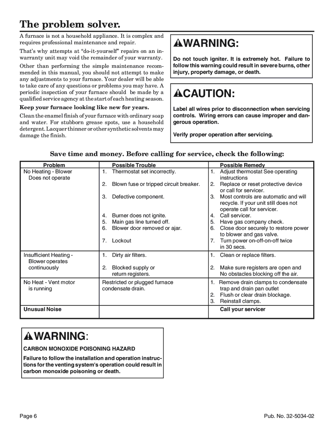 American Standard Noncondensing Gas Furnaces manual Problem solver 