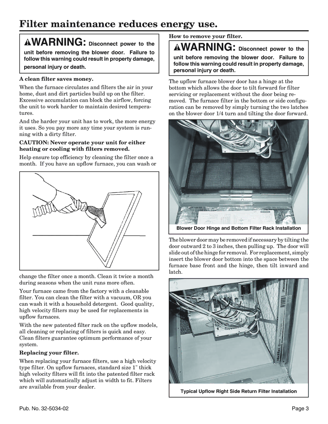 American Standard Noncondensing Gas Furnaces manual Filter maintenance reduces energy use, Clean filter saves money 