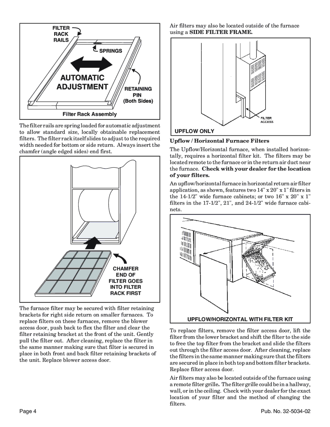 American Standard Noncondensing Gas Furnaces manual Chamfer END Filter Goes Into Filter Rack First, Upflow only 