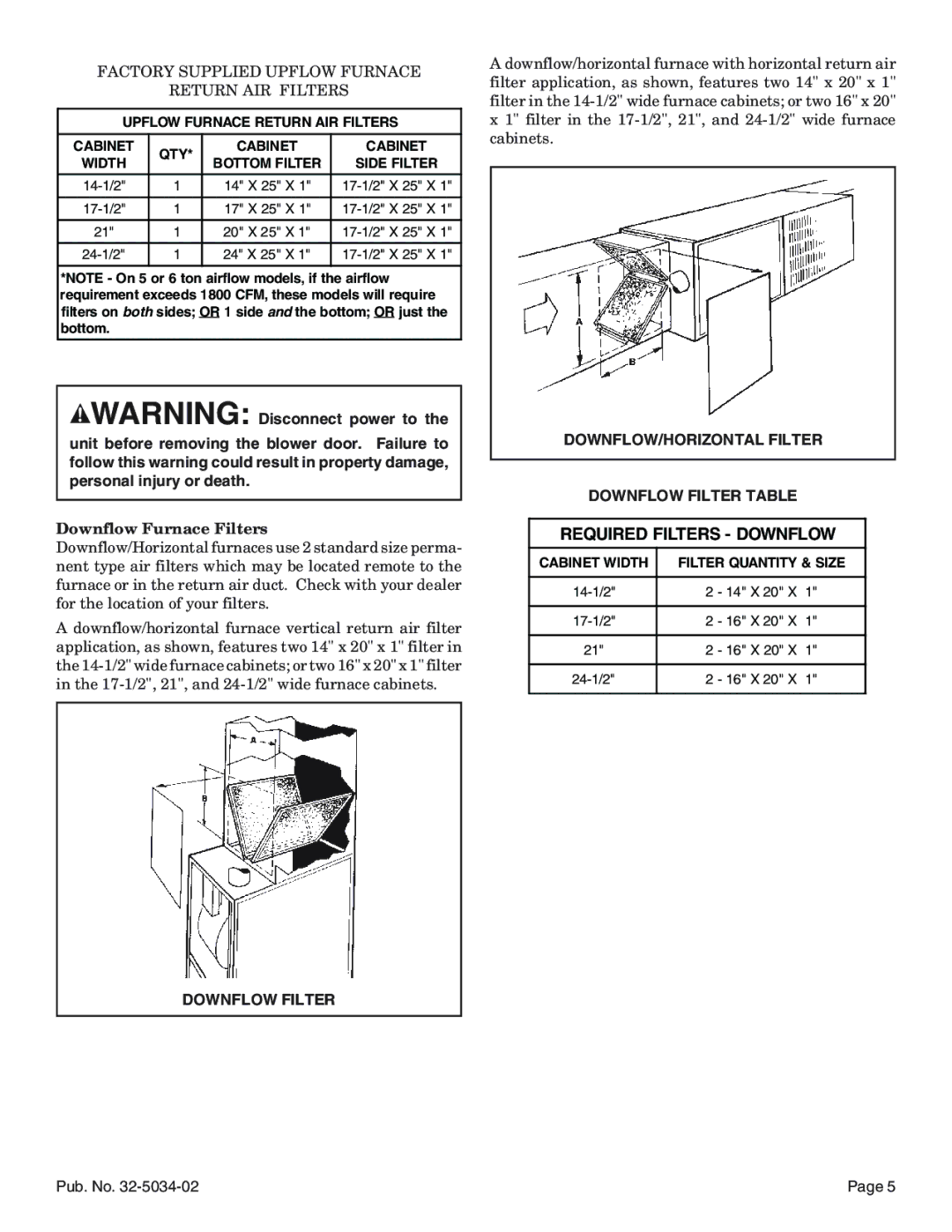 American Standard Noncondensing Gas Furnaces manual Downflow Furnace Filters, Downflow Filter 