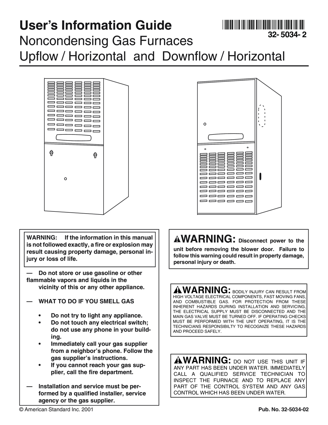 American Standard Noncondensing Gas Furnaces manual User’s Information Guide 