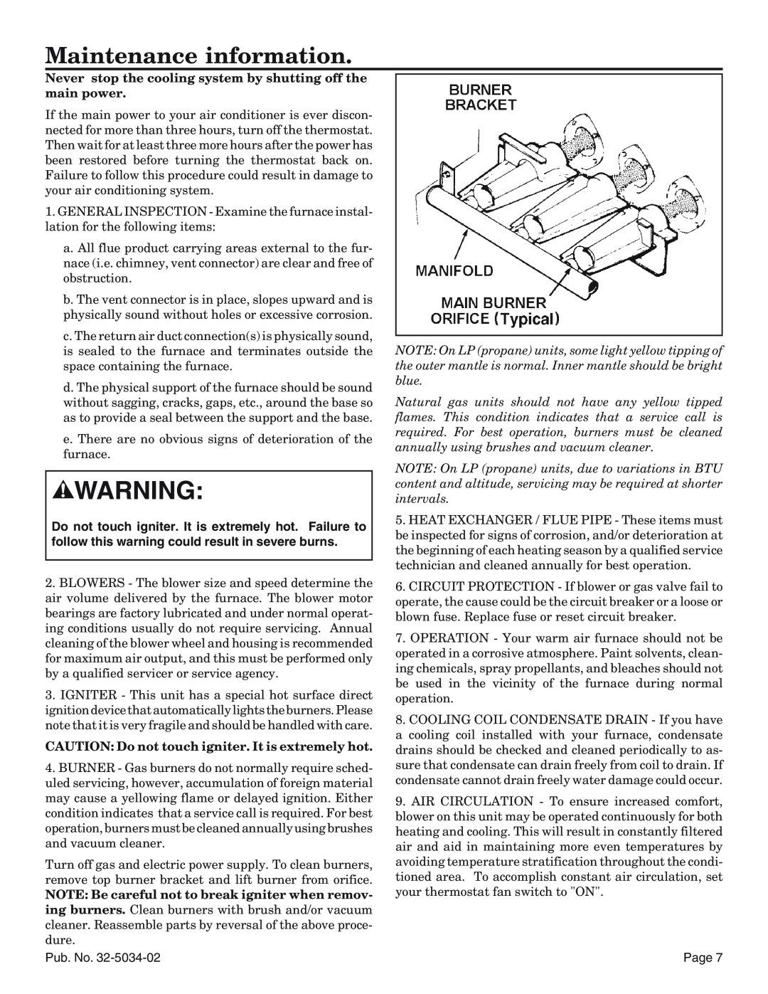 American Standard Noncondensing Gas Furnaces manual Maintenance information, Pub. No, Page 