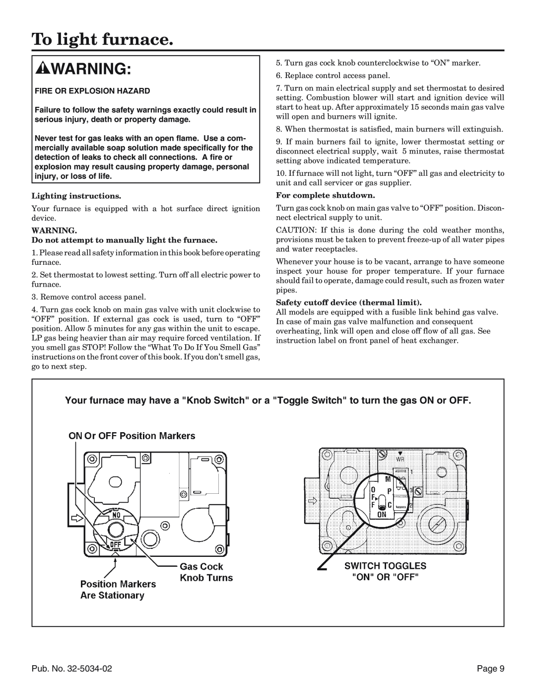 American Standard Noncondensing Gas Furnaces manual To light furnace, Lighting instructions, For complete shutdown 